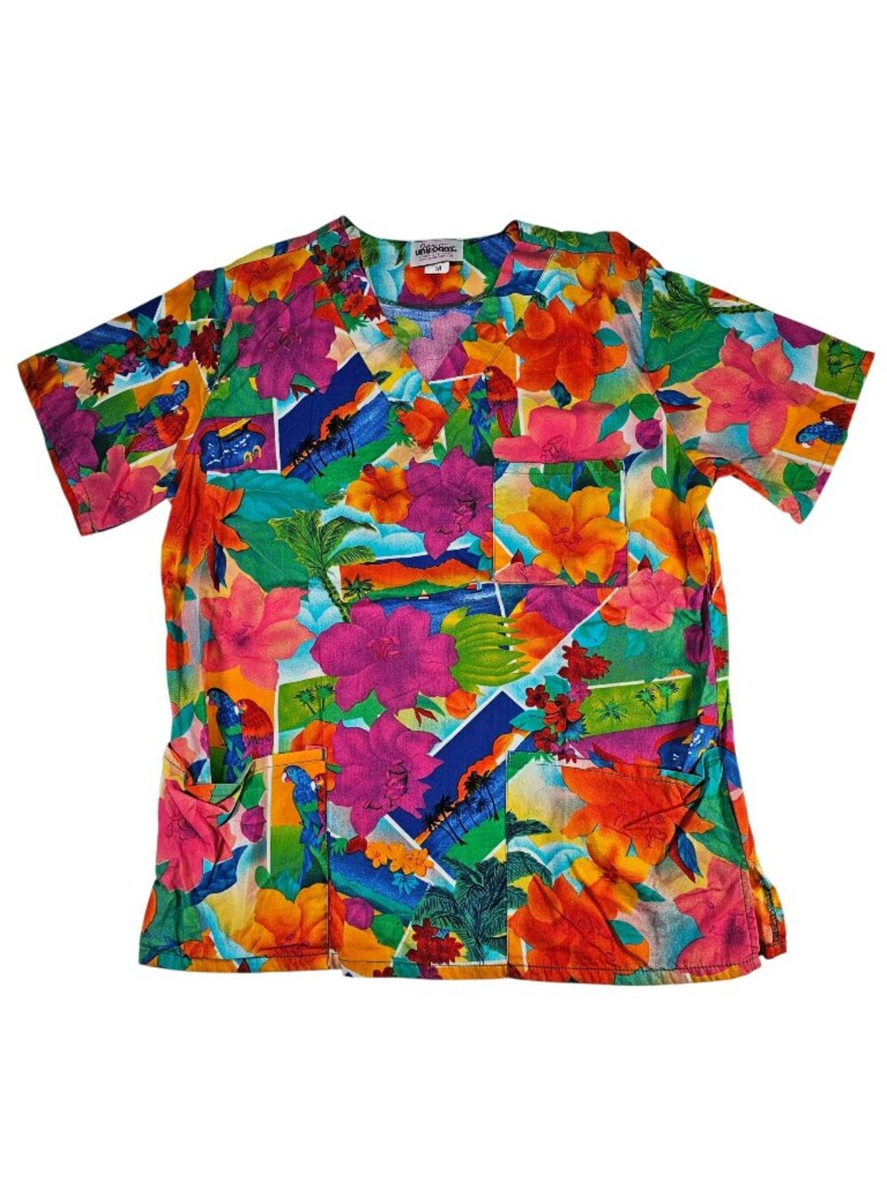 Jasco Uniform Scrub Top Women's Size M Bright Floral Tropical Hawaiian Print